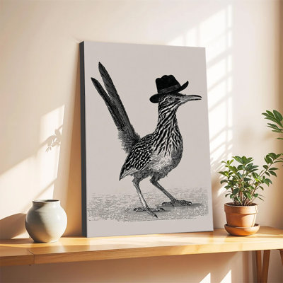 Vintage Engraving Roadrunner Bird With Cowboy Hat Gallery Wrapped Canvas Wall Art Print For Living Room Bedroom