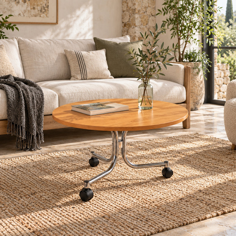 Table basse ronde de 28 po avec roulettes, table centrale de salon, finition chêne et pieds en acier inoxydable