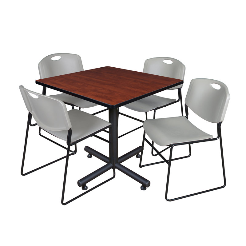 Nicklas square break room table, 4 Zeng stacking chairs, Bleu, Cerisier, 29" H x 30" L x 30" D