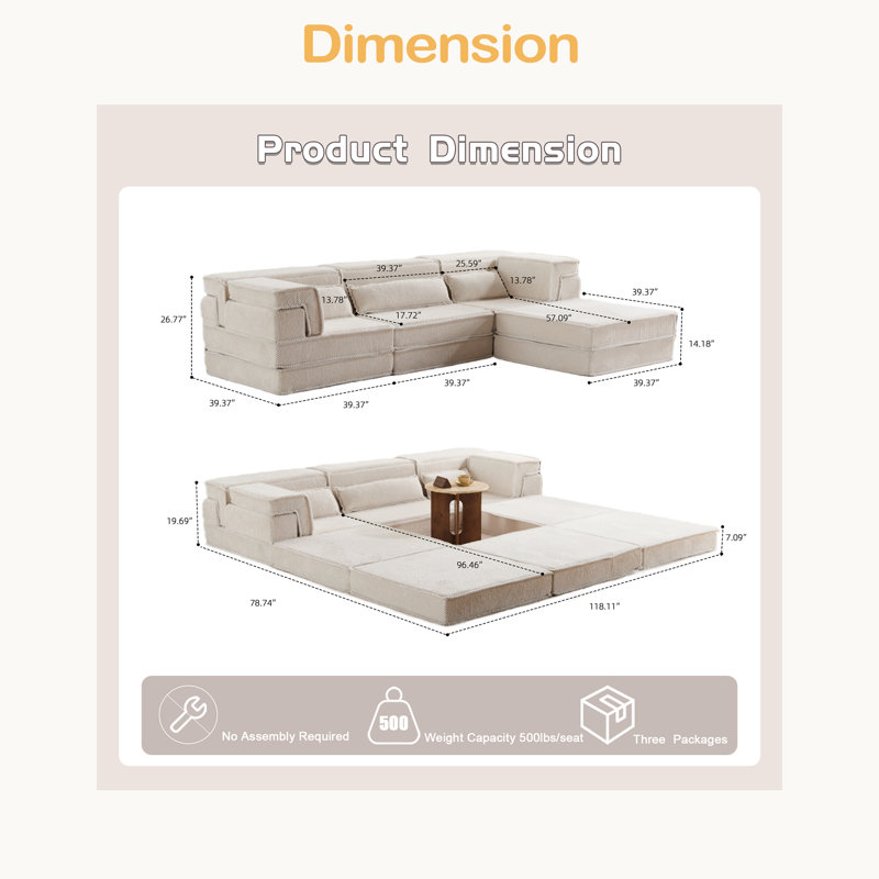 Compression Mahjong Sofa,Convertible Floor Sofa Bed,DIY Boneless Modular Sectional Sofa,No Assembly Required,Circle Fleece Fabric