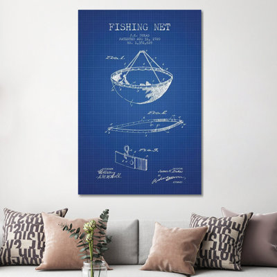 J.K. Dukas Fishing Net Patent Sketch (Blue Grid) by Aged Pixel - Wrapped Canvas Print