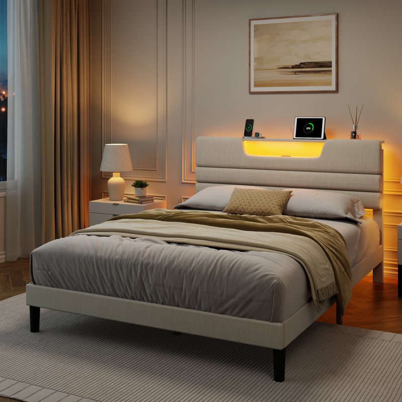 Modern Upholstered Bed Frame with Storage Headboard, LED Lights & Charging Station, Heavy Duty Wooden Slats Support, No Box Spring Needed