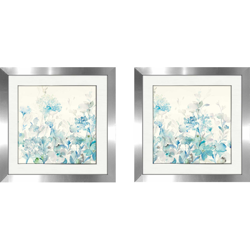 « translucide, bleu de jardin », ensemble de 2 reproductions de peintures à l’aquarelle encadrées, Blanc mat