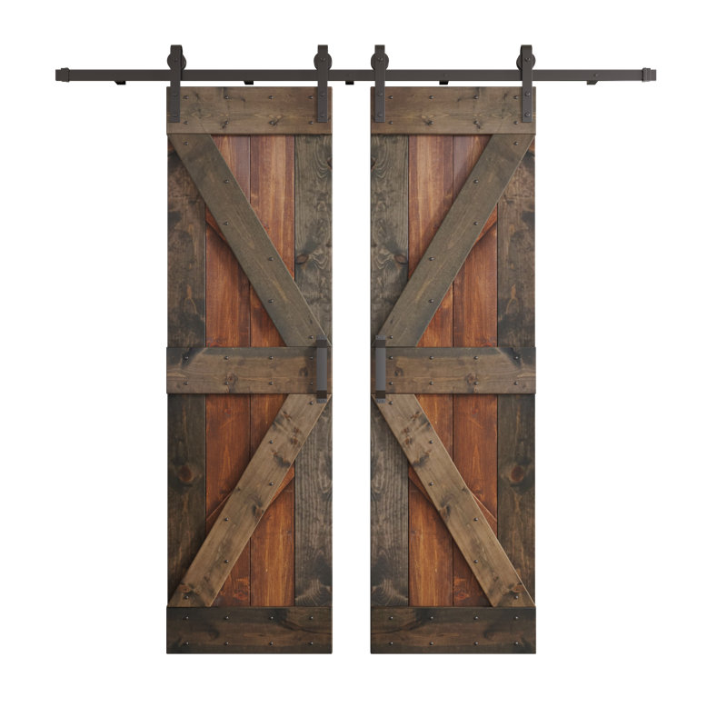 Porte de grange double à panneaux K Series avec quincaillerie d'installation, Noyer foncé / tonneau vieilli, 60 po x 84 po