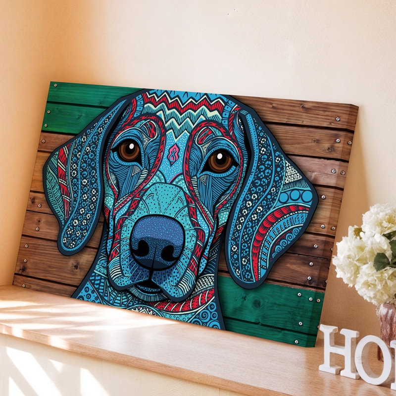 Toile, «A Vibrant Stylized Portrait of a Dog Caractérized By An Wall Art», patchwork complexe de motifs et de textures colorés