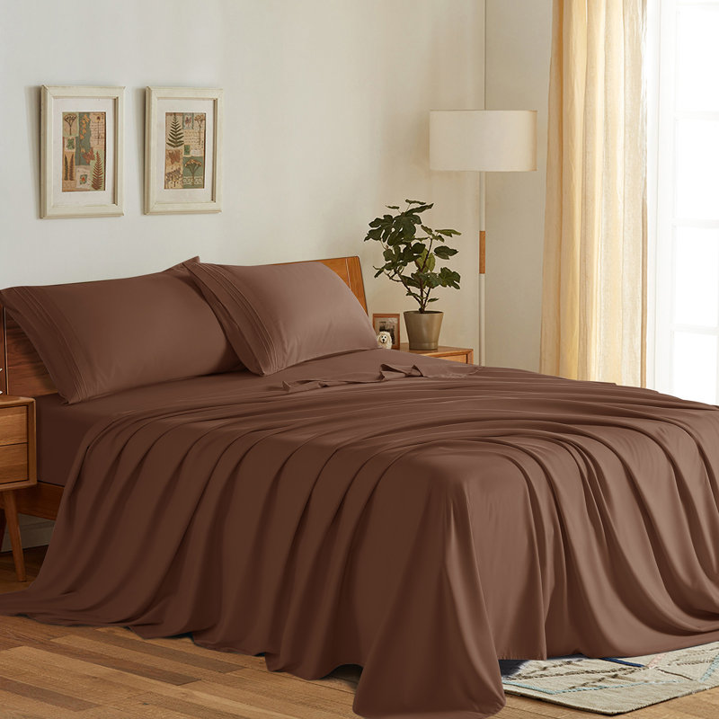 Microfiber Sheet Sets 4 Pieces, CalKing SheetSet 1FittedSheet & 2KingPillowcase, Brown