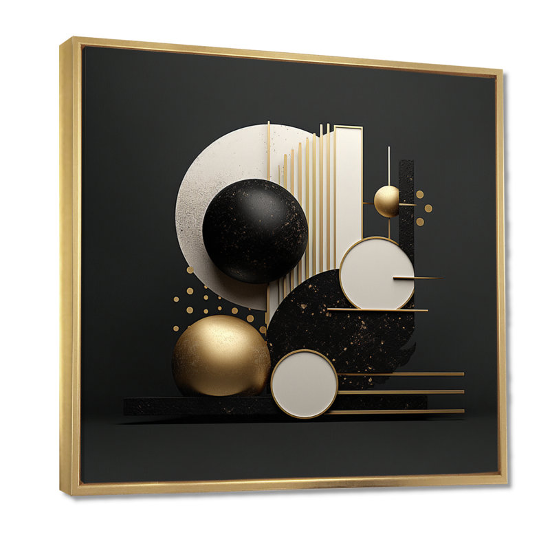 Zen Spheres Balance or et noir - décoration murale géométrique, Toile avec cadre flottant or, 36" H x 36" W x 1.5" D
