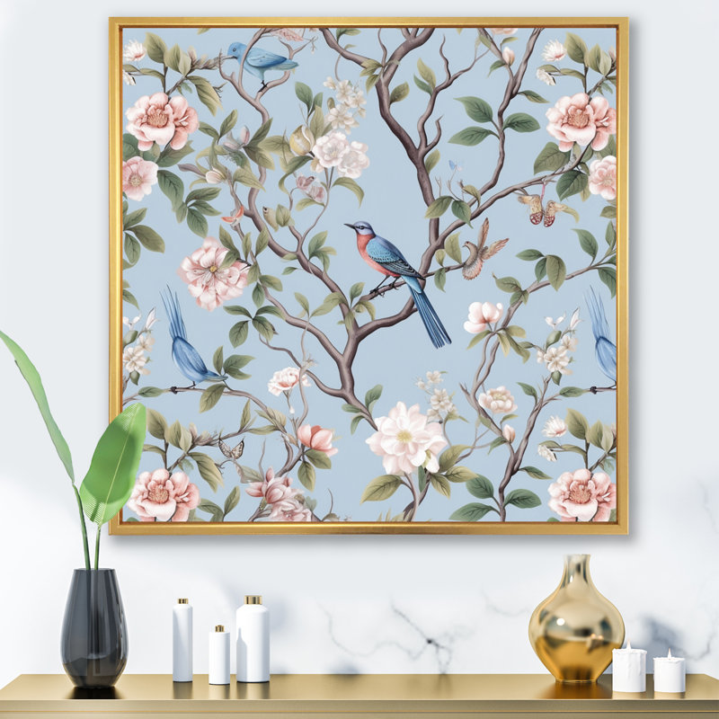 Chinoiserie avec oiseaux et pivoines - Art mural floral, H 16 po x l 16 po x P 1 po, Cadre flottant doré