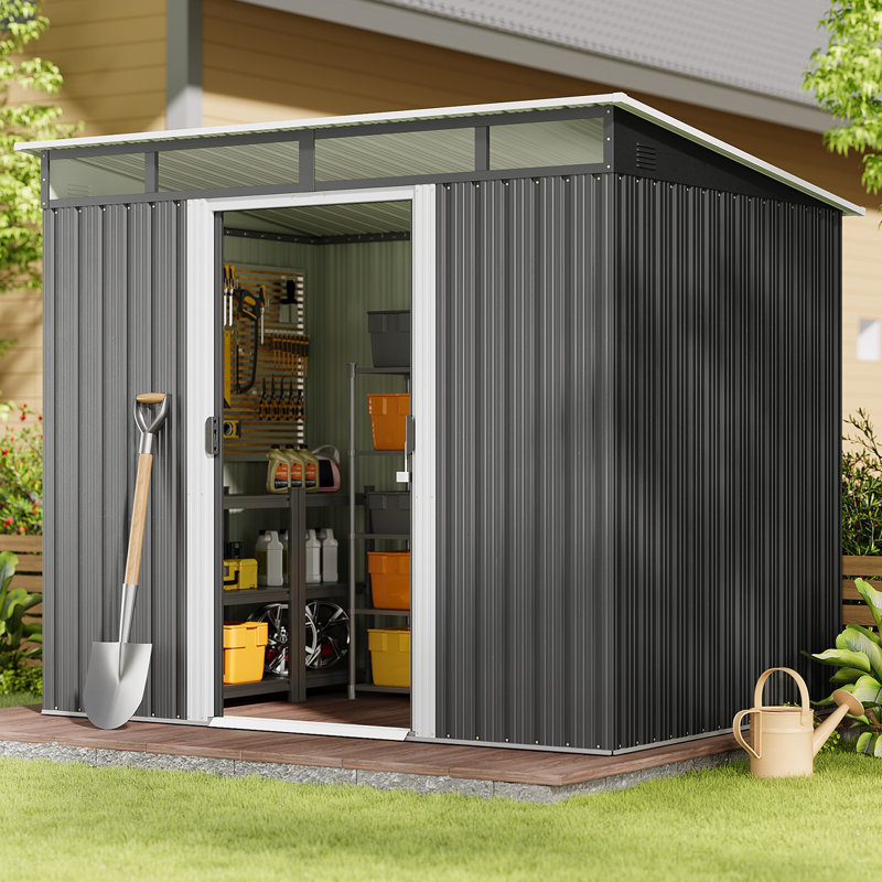 8 pi L x 6 pi D Rangement extérieur en métal avec portes coulissantes verrouillables, fenêtres à panneau transparent, espace de rangement extérieur pour la cour arrière, patio, gris foncé