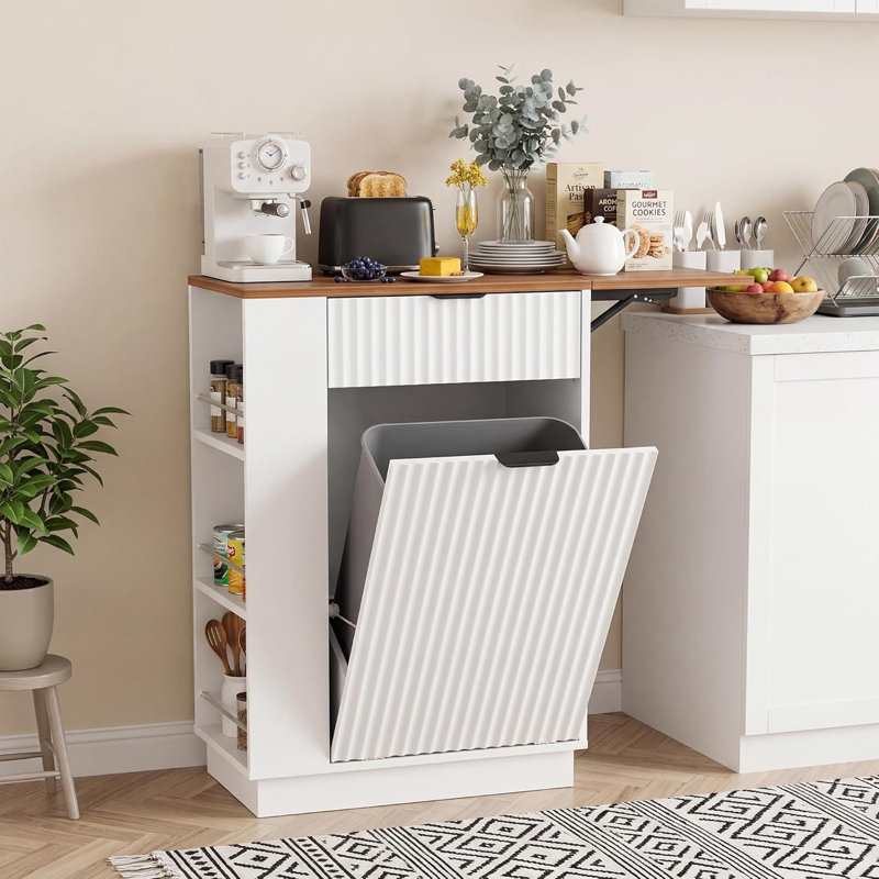 10 Gallon Tilt-Out Trash Cabinet with Drop Leaf, Drawer & 3 Side Shelves, White