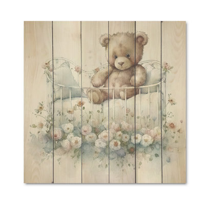 Ours en peluche dans un lit de bébé avec fleurs Roxana III - impression sans cadre sur bois