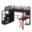 Lit mezzanine double en métal avec espace de travail intégré, garde-robe, escalier de rangement et éclairage DEL