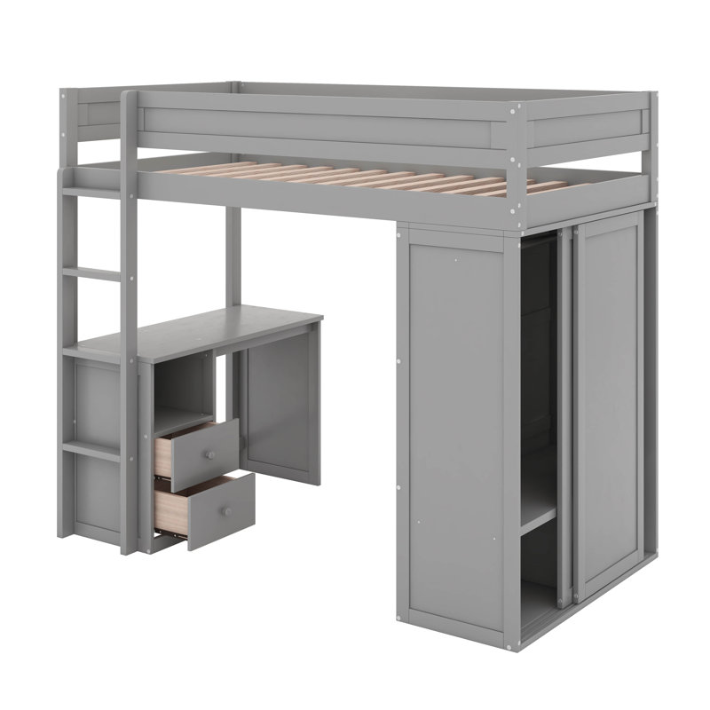 Lit mezzanine avec placards et bureau, Gris, Lit simple