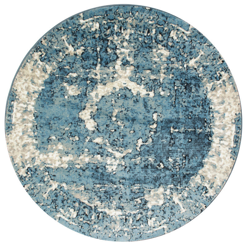 Kazu Vintage Abstract Machine Woven / Power Loomed Performance Blue Rug, Round 8'