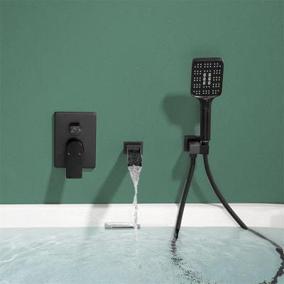Wall Mounted Waterfall Tub Faucet with Hand Shower 1 Handle Bathtub Faucet Brass