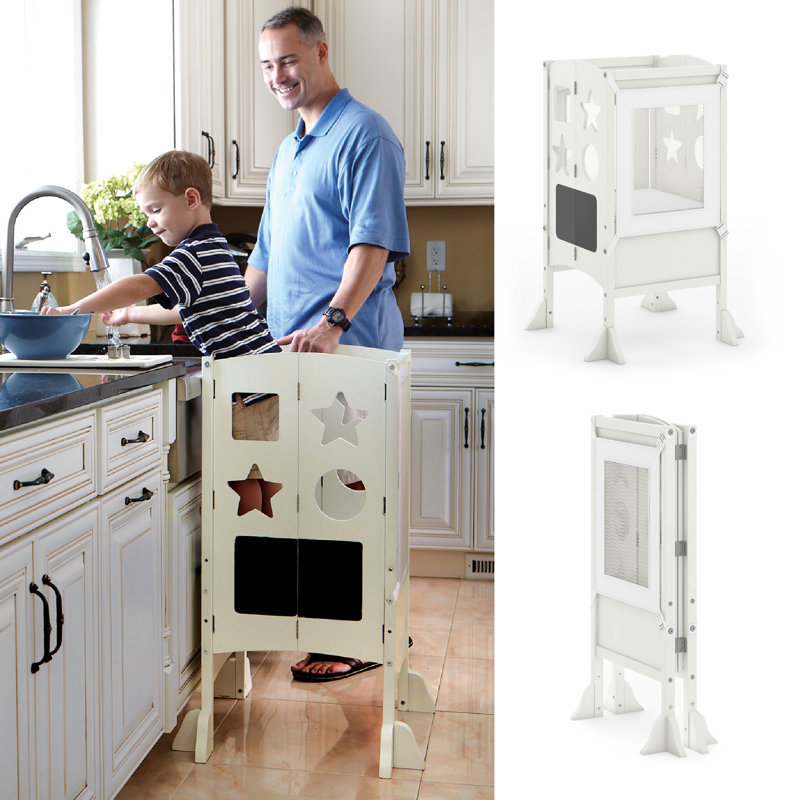 Guidecraft Classic Kitchen Helper Foldable Toddler Tower Stool with Anti-tip Feet and Safety Nets, Ivory