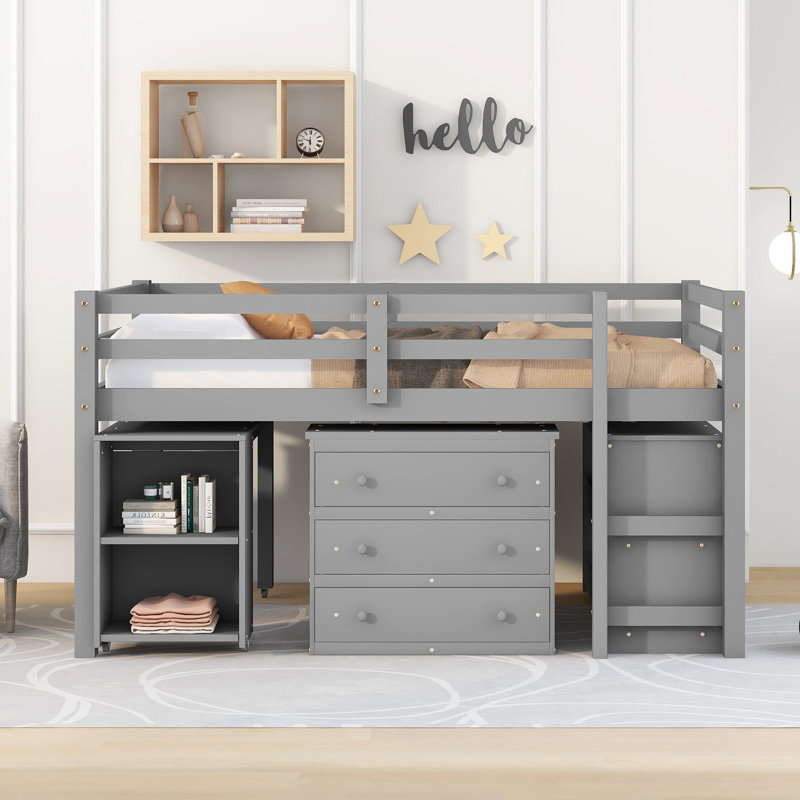 Lit mezzanine bas 3 tiroirs Anne avec commode, bureau et tablettes par Three Posts Baby & Kids, Full, Gris