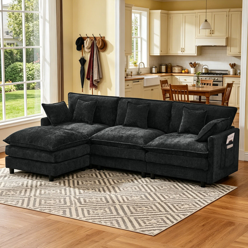 Black Chenille Modular Sectional Sofa, Double Layer Support Couch with 5 Pillows & Side Storage Pocket,Movable Ottoman, Black