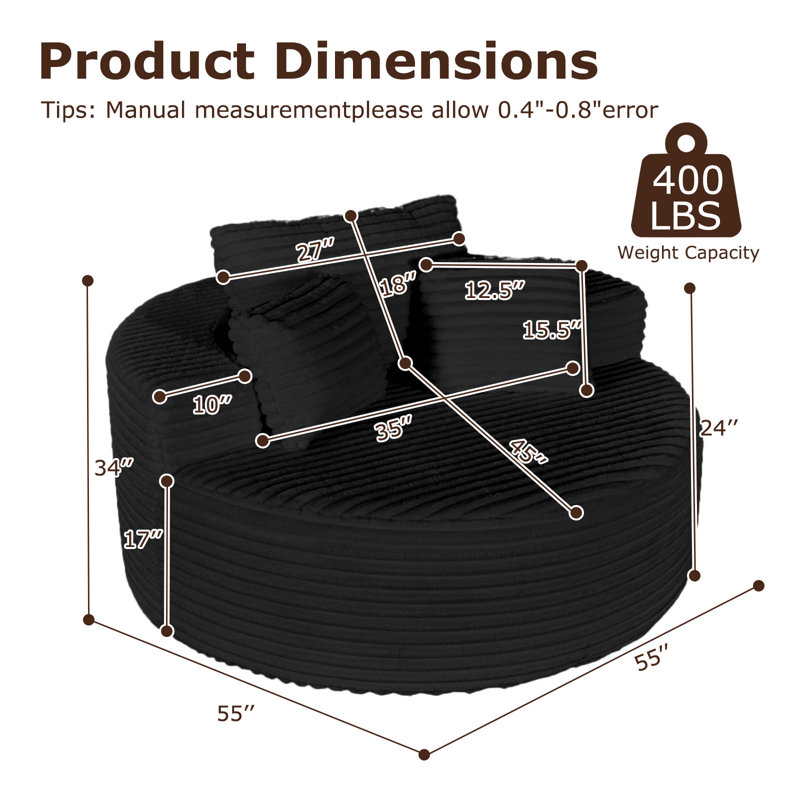 Fauteuil lounge rond surdimensionné de 140 cm en velours côtelé, canapé sans structure avec coussin, aucun assemblage requis - Noir