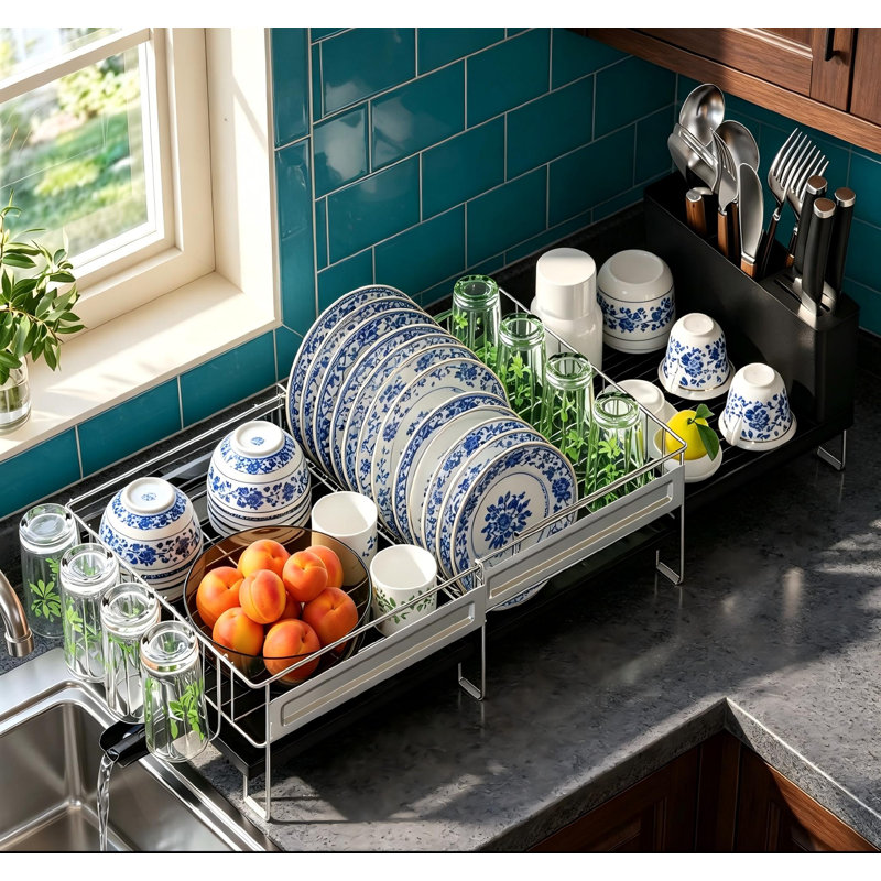 Grand égouttoir à vaisselle en acier inoxydable multifonctionnel avec porte-gobelets à couverts extensible pour comptoir de cuisine