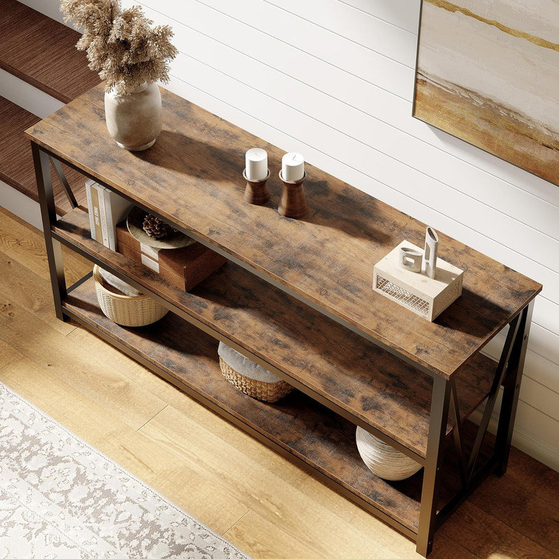 Console cannelée en bois de 55 po, canapé à 3 niveaux pour le vestibule et le salon derrière le canapé, Bois gris