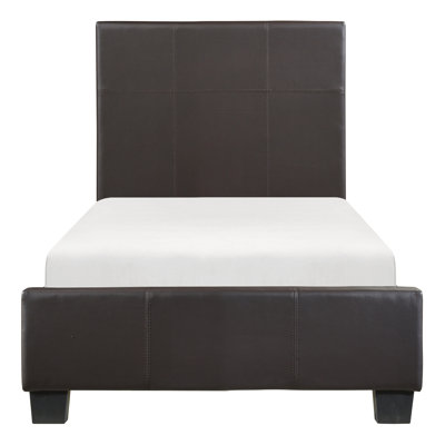 Lit plateforme simple contemporain, similicuir brun foncé, contreplaqué, bois d'ingénierie, tête de lit, rails de lit avec contreplaqué et fabrication en bois, composants inclus