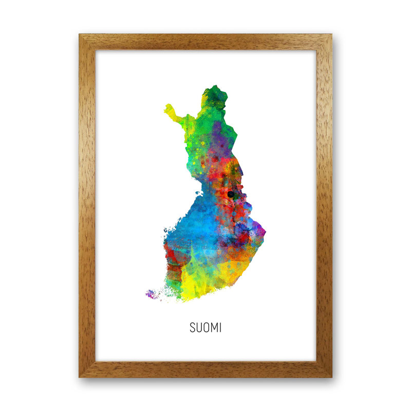 Suomi Watercolour Map by Michael Tompsett - Print, 88cm H x 64cm W x 3cm D, Brown Framed