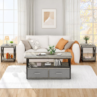 A Three-Piece Coffee Table Set, Equipped with Fabric Drawers and Storage Shelves, Made of Metal Frame, a Sturdy and Durable Living Room Table Set, Paired with Two Side Tables, Suitable for Home Furniture in the Living Room