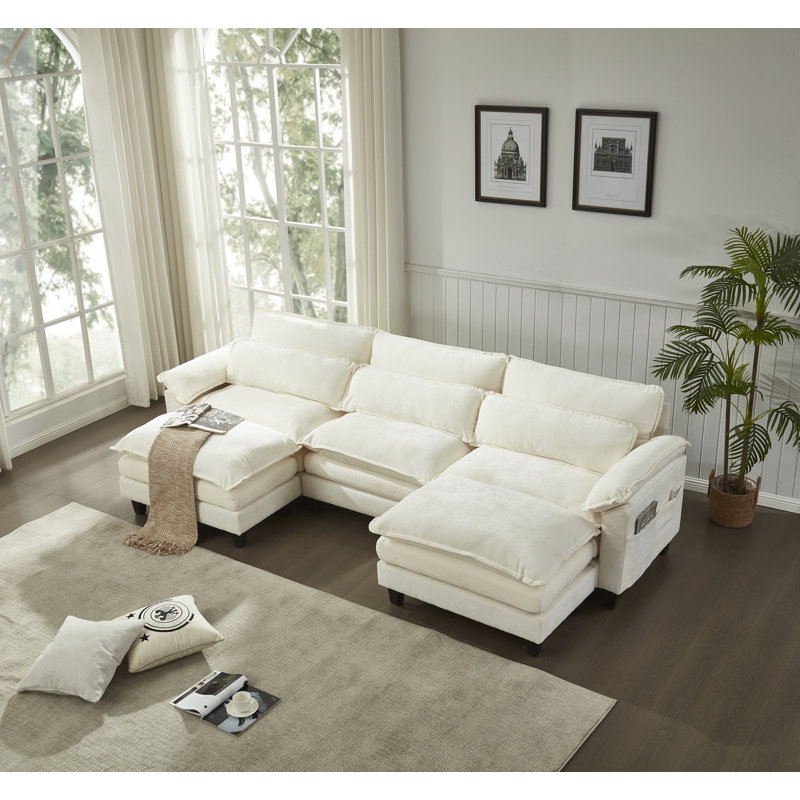 3 Seater Modular Sectional Sofa Large U Shaped With Ottoman, Beige