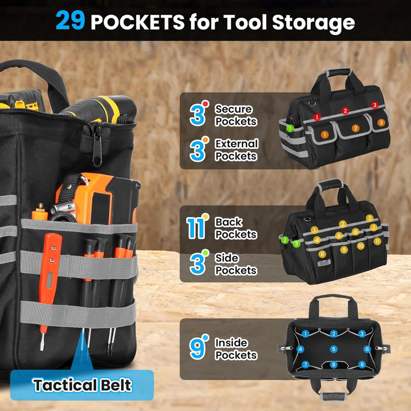Sac à outils robuste, sac à outils de 17 pouces pour hommes avec poches multiples
