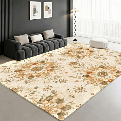 Tapis de tournesol botanique rétro, motif floral brun crème, tapis antidérapant doux et confortable lavable à la machine, décoration intérieure artistique pour le salon, la chambre à coucher, le vestibule, la cuisine, le balcon, l’appartement