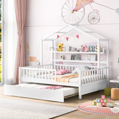 Lit double en bois avec lit gigogne simple, lit pour enfant avec tablette
