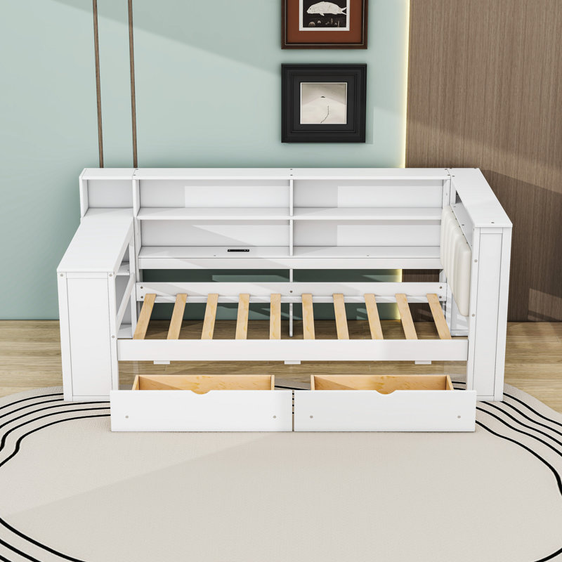 Daybed with LED, Storage Shelves, Drawers, Desk and Charging Station, Twin, White