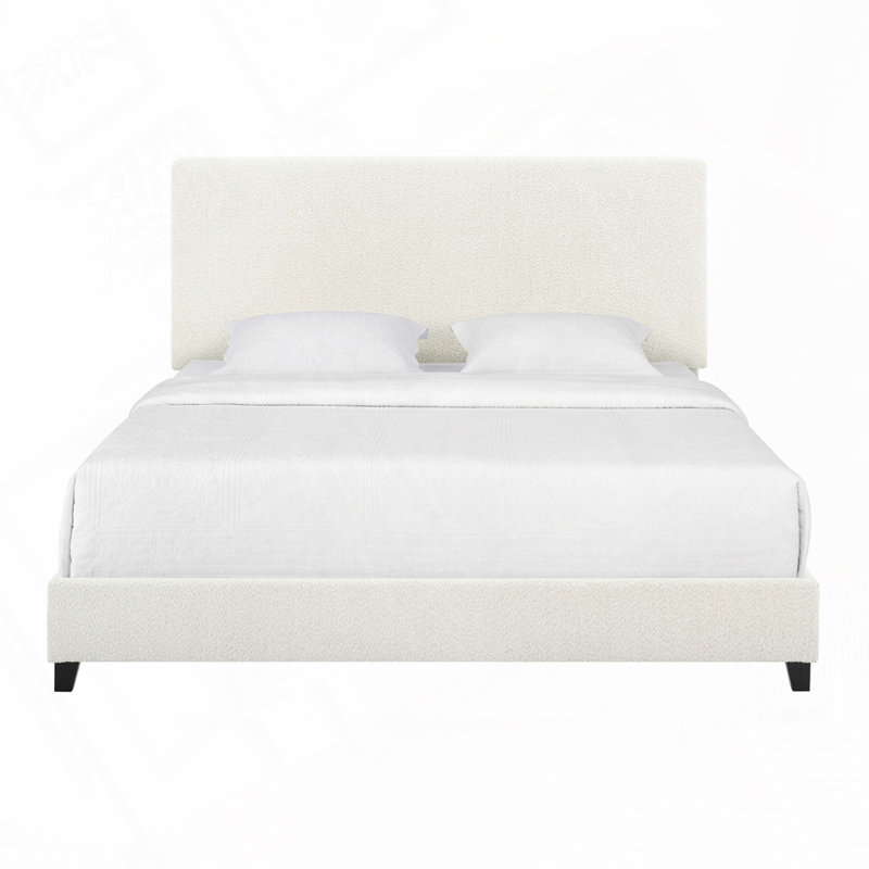 Ashiqu Squares Upholstered Platform Bed, Queen, White Boucle