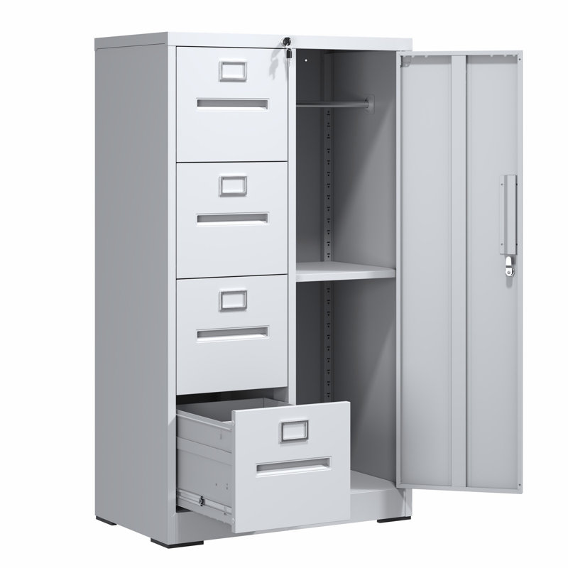 Metal Storage Cabinet, Vertical Filing Cabinet With Lock, File Locker With 4 Drawers And 1 Door For School, Office, White