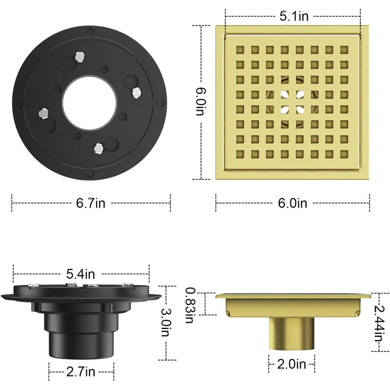 Brushed Gold Shower Drain 6 Inch, Square Floor Drain, Stainless Steel 