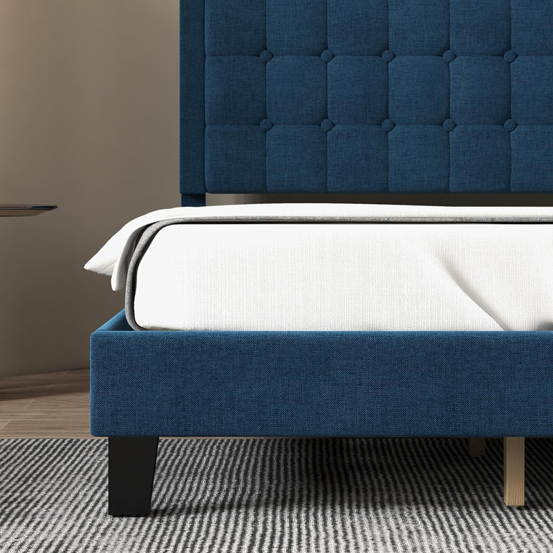 Lit plateforme tapissier Nourdane, Double, Bleu marine
