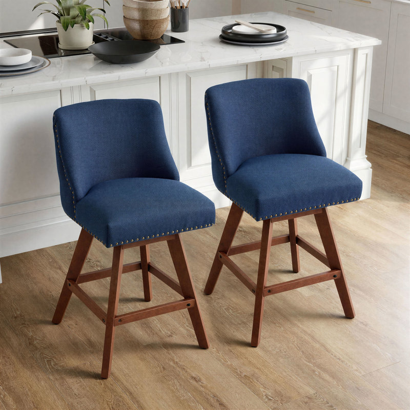 26.6" H Mid-century Modern Fabric Upholsted Swivel Counter Height Barstool with Brown Solid wood Legs, Set of 2, Beige