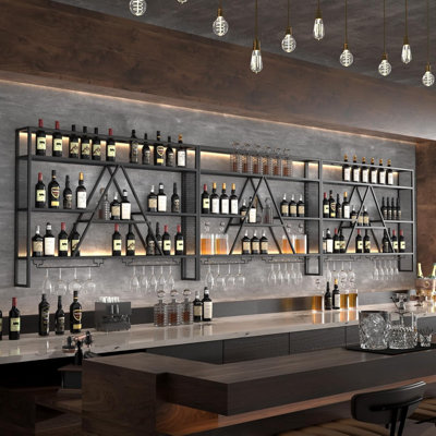 Étagère à boissons alcoolisée murale avec lumières DEL, tablettes de bar 47 po et porte-verres - étagère à vin murale en métal industrielle