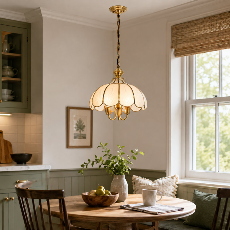 Vintage 3-Light Glass Pendant Chandelier with Scalloped Floral Shade, Gold Finish