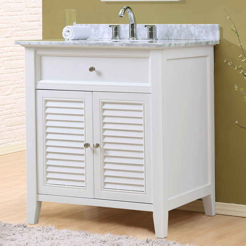 White Vanity with Carrara Marble Top and Shuttered Cupboard