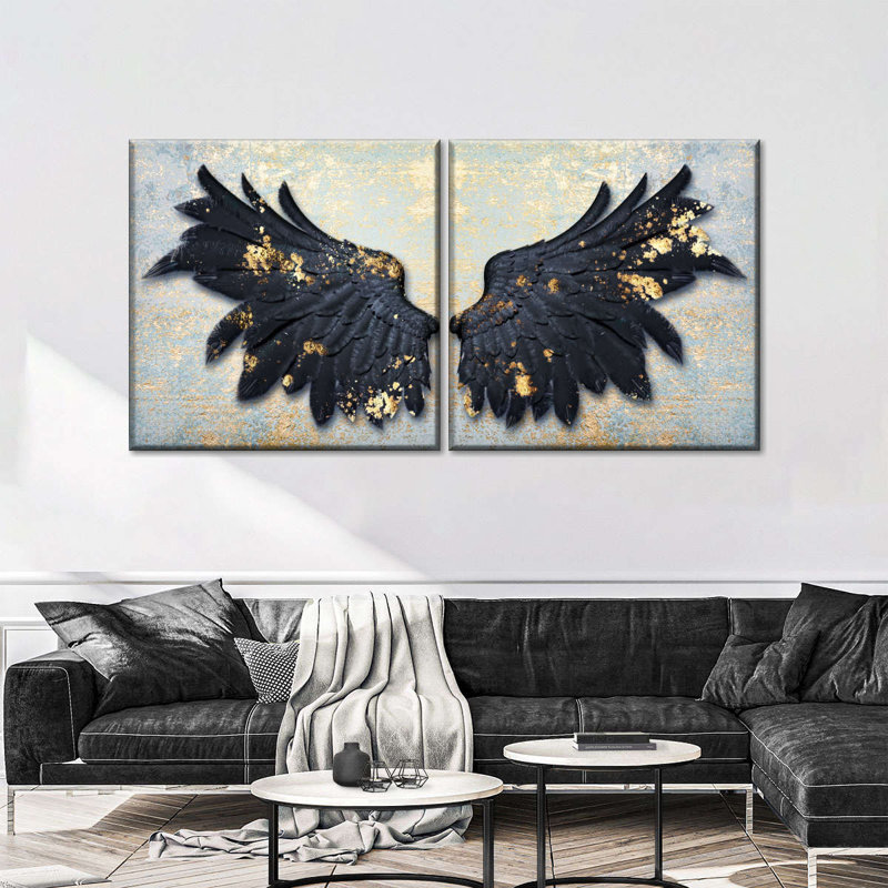 2 éléments décoratifs, taches d'ange noir sur toile, 2 pièces, H 18 po x l 37 po x P 1,25 po