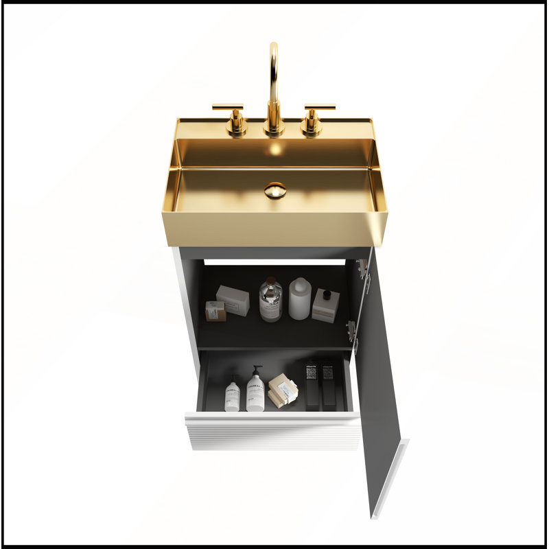 Meuble-lavabo blanc en velours rayé 20 po Gada avec vasque intégrée en métal brossé doré pour salle de bain moderne