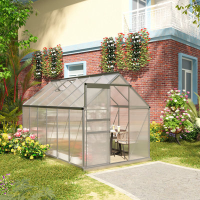 Serre en polycarbonate de 12 pi x 6 pi x 6,5 pi avec cadre en aluminium, serre robuste à accès frontal avec évent de toit réglable, gouttière et porte coulissante pour l'hiver, argent