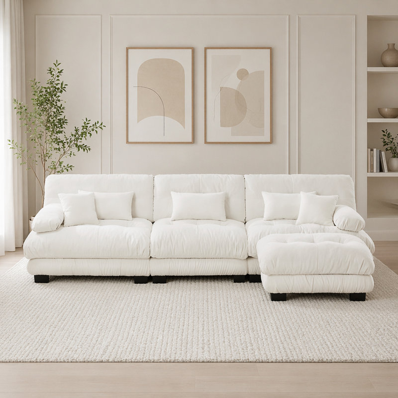 Canapé Cloud, canapé en chenille, Blanc + 3 sièges + 1 fauteuil