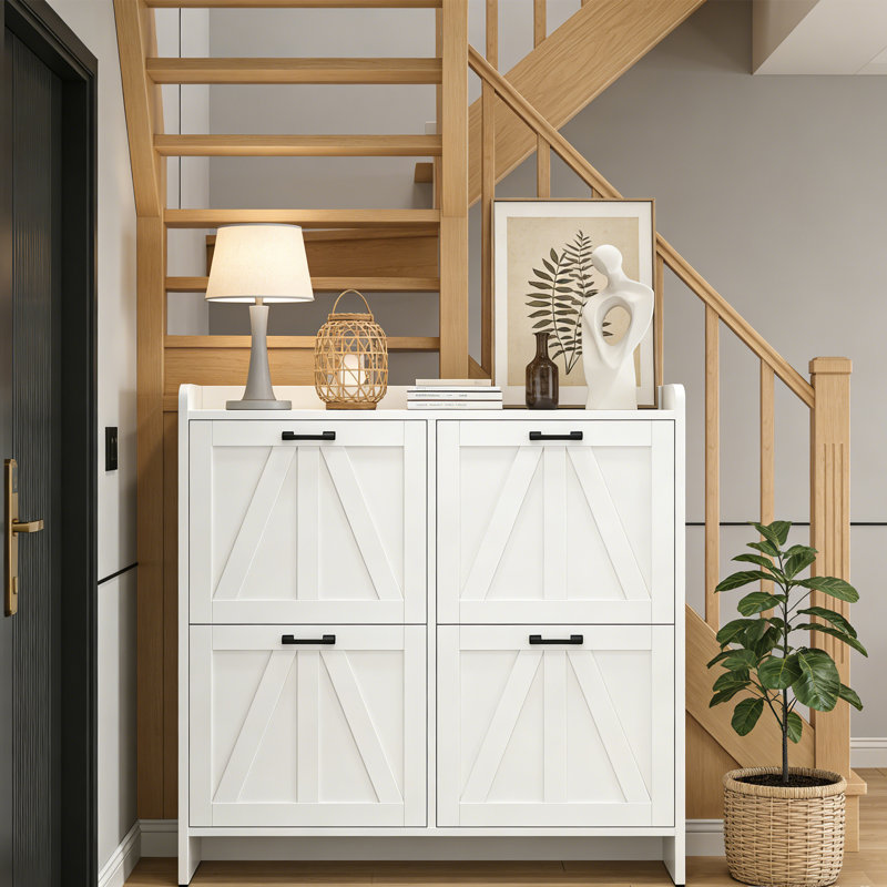Shoe Storage Cabinet With 4 Flip Drawers,Modern Shoe Organizer For Entryway, White