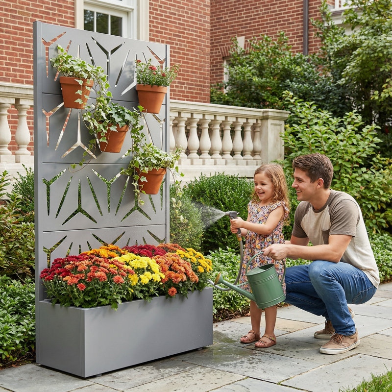 Boîte à fleurs en métal avec treillis sans roues, 59" H x 30" W x 12" D, Gris