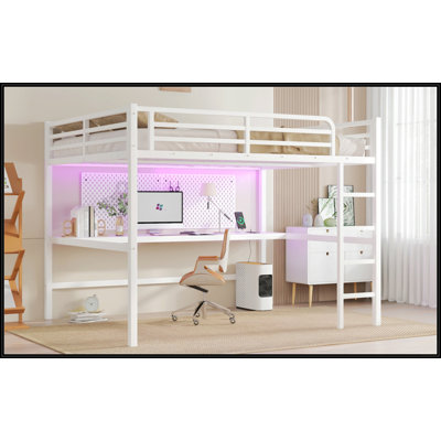 Lit mezzanine en métal pour grand lit avec prise de courant, lumière DEL et bureau, conception compacte et peu encombrante, noir
