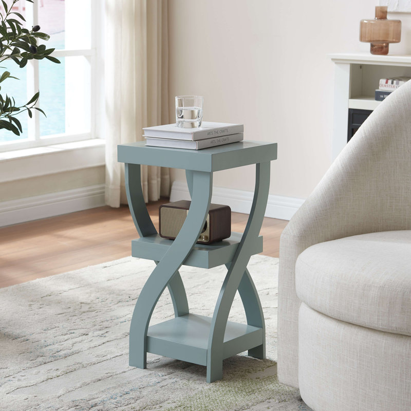 Twisted Wood Accent End Table, 3-Tier Side Table with Open Storage Shelves, Narrow Nightstand or Sofa Table for Bedroom, Living Room & Office - Blue