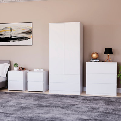 Tanino 4 Piece Bedroom Set (2 Drawer Large Bedside Chest X2, 3 Drawer Chest, 2 Door 2 Drawer Wardrobe)